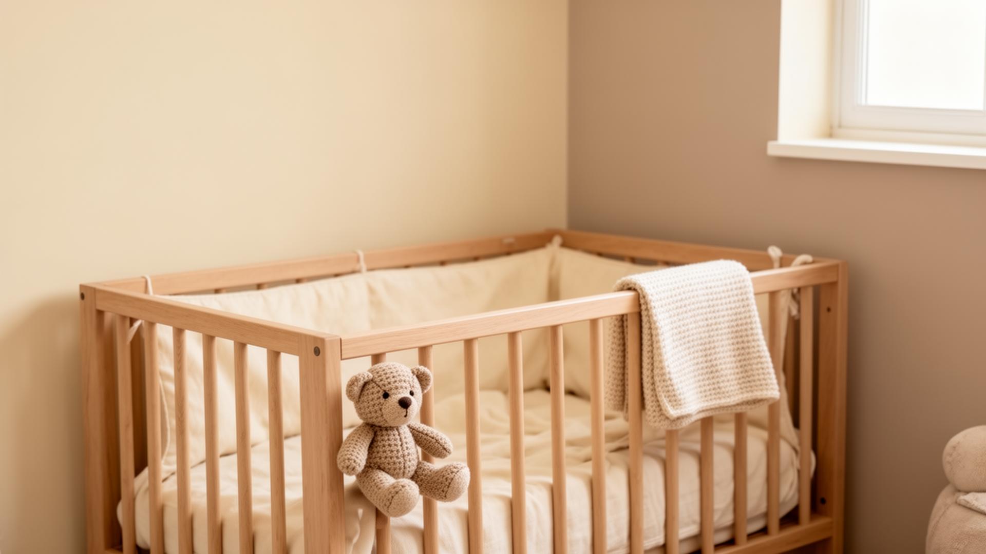 A calm, neutral nursery with a wooden cot and soft cream linen
